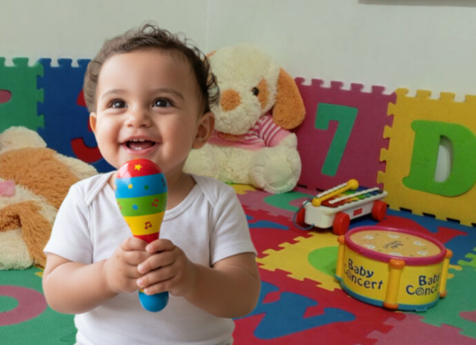 Niño sonriente en sesión de estimulación musical temprana en el maternal de Otilca