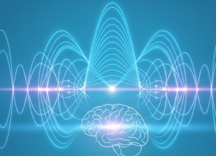 Representación visual de ondas sonoras y frecuencias armónicas aplicadas a la relajación y salud mental.