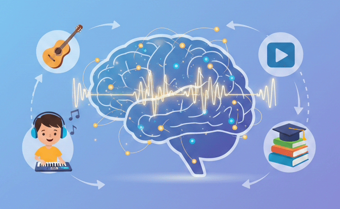 Infografía sobre el impacto de la música en el cerebro infantil y su conexión con el aprendizaje académico.