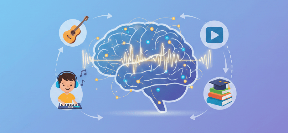 Infografía sobre el impacto de la música en el cerebro infantil y su conexión con el aprendizaje académico.