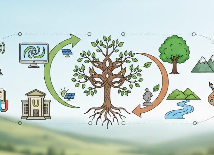 Representación artística de la integración entre la naturaleza y un auditorio cultural sostenible.