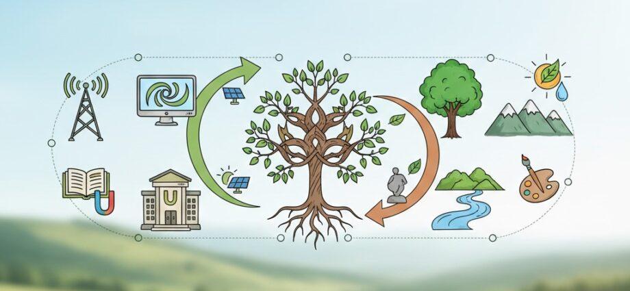 Representación artística de la integración entre la naturaleza y un auditorio cultural sostenible.