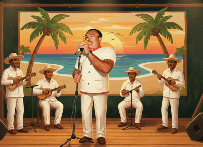 José Ramón Villarroel El Capitán cantando galerón en un escenario oriental con mandolina, cuatro venezolano y bandola oriental.