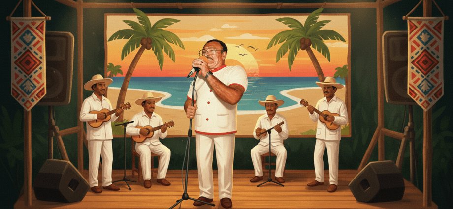 José Ramón Villarroel El Capitán cantando galerón en un escenario oriental con mandolina, cuatro venezolano y bandola oriental.