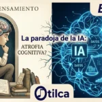 Imagen editorial de pantalla dividida que balancea la mente humana activa (pedagogía, libros) con la red neural de IA (datos, automatización), con el título completo integrado.
