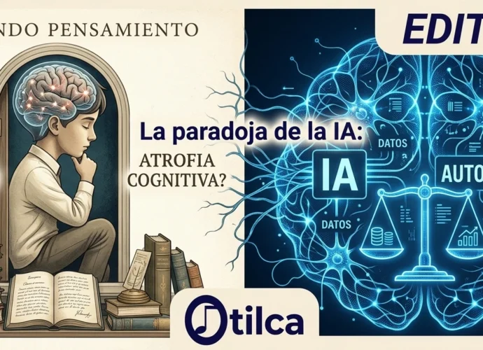 Imagen editorial de pantalla dividida que balancea la mente humana activa (pedagogía, libros) con la red neural de IA (datos, automatización), con el título completo integrado.