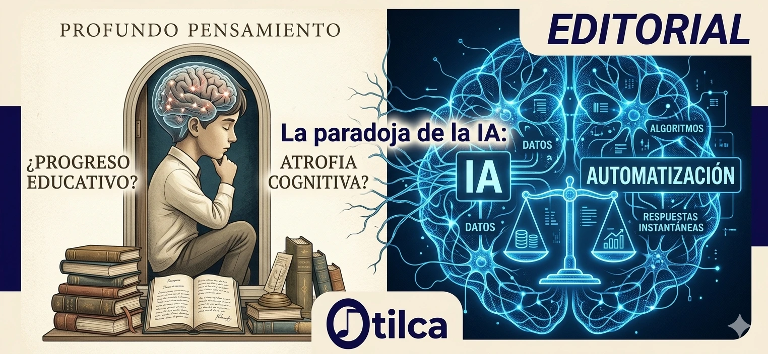 Imagen editorial de pantalla dividida que balancea la mente humana activa (pedagogía, libros) con la red neural de IA (datos, automatización), con el título completo integrado.