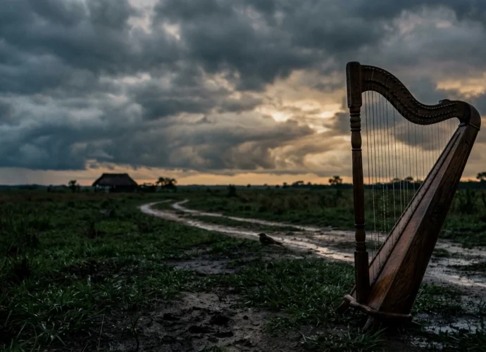 Primer plano de un arpa llanera de madera tradicional bajo un cielo tormentoso en los llanos venezolanos, con gotas de agua en las cuerdas.