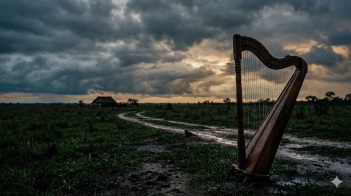 Primer plano de un arpa llanera de madera tradicional bajo un cielo tormentoso en los llanos venezolanos, con gotas de agua en las cuerdas.