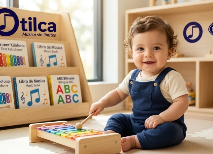 Un bebé sentado en una sala de juegos luminosa, vestido con un peto azul marino, sonríe y toca un xilófono de colores con una baqueta de madera. Detrás de él hay estanterías de madera llenas de libros bilingües con títulos en español e inglés, como "Mi Primer Xilófono" y "Mi Libro de Música". Los logotipos de "Otilca - Música sin límites" y "UEJE" son visibles en los estantes.