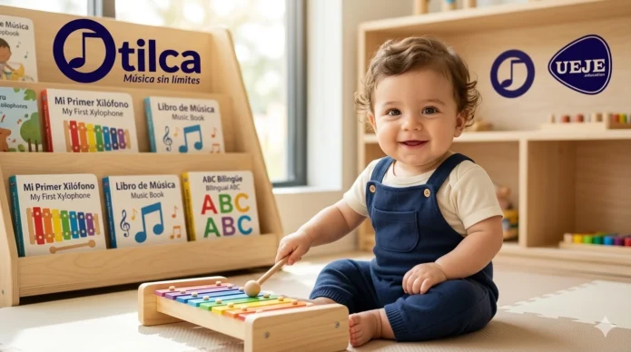 Un bebé sentado en una sala de juegos luminosa, vestido con un peto azul marino, sonríe y toca un xilófono de colores con una baqueta de madera. Detrás de él hay estanterías de madera llenas de libros bilingües con títulos en español e inglés, como "Mi Primer Xilófono" y "Mi Libro de Música". Los logotipos de "Otilca - Música sin límites" y "UEJE" son visibles en los estantes.