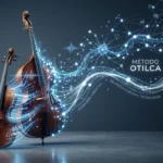 Violín y contrabajo transformándose en flujos de luz digital y nodos de redes neuronales, representando la integración del Método Otilca entre neuroeducación, tecnología y economía creativa.