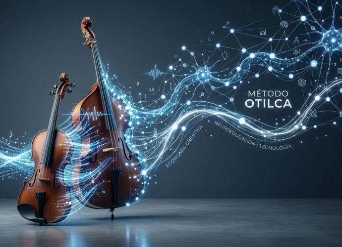Violín y contrabajo transformándose en flujos de luz digital y nodos de redes neuronales, representando la integración del Método Otilca entre neuroeducación, tecnología y economía creativa.