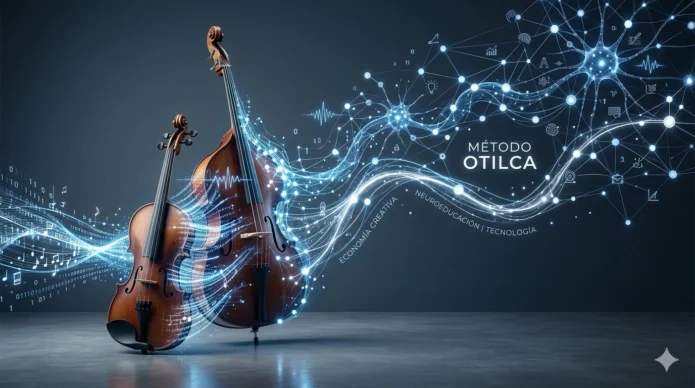 Violín y contrabajo transformándose en flujos de luz digital y nodos de redes neuronales, representando la integración del Método Otilca entre neuroeducación, tecnología y economía creativa.