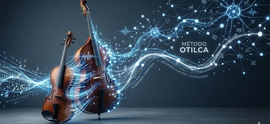 Violín y contrabajo transformándose en flujos de luz digital y nodos de redes neuronales, representando la integración del Método Otilca entre neuroeducación, tecnología y economía creativa.
