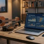 Escritorio de trabajo con un cuatro venezolano y un violín junto a una computadora portátil mostrando métricas de economía naranja y gráficos de rendimiento del Grupo Otilca.