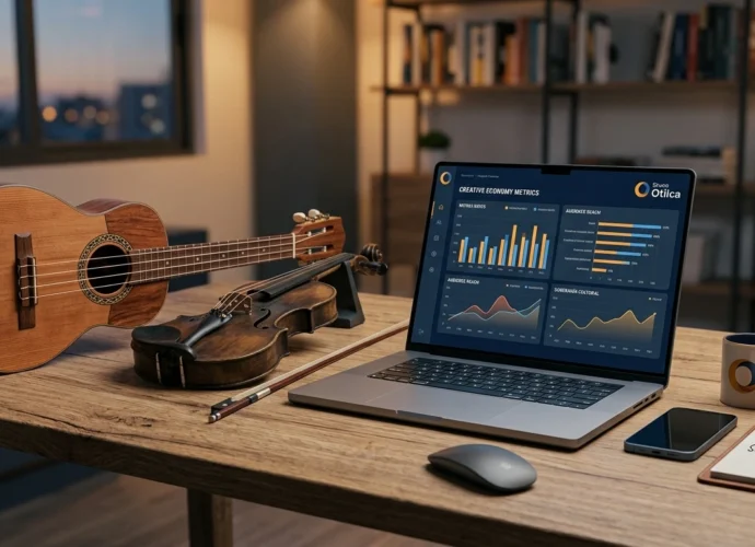 Escritorio de trabajo con un cuatro venezolano y un violín junto a una computadora portátil mostrando métricas de economía naranja y gráficos de rendimiento del Grupo Otilca.
