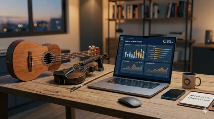 Escritorio de trabajo con un cuatro venezolano y un violín junto a una computadora portátil mostrando métricas de economía naranja y gráficos de rendimiento del Grupo Otilca.