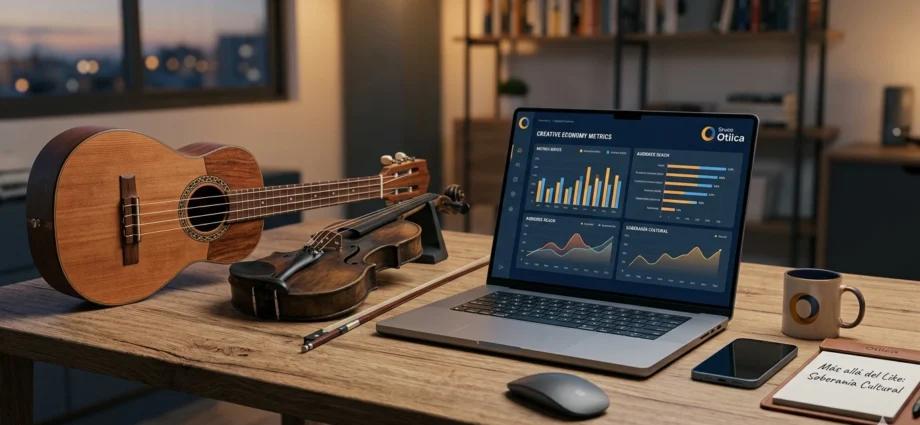 Escritorio de trabajo con un cuatro venezolano y un violín junto a una computadora portátil mostrando métricas de economía naranja y gráficos de rendimiento del Grupo Otilca.