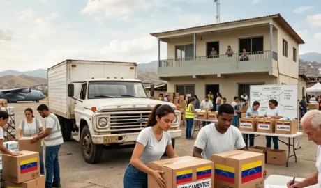 Voluntarios en Venezuela organizando cajas de ayuda humanitaria y medicamentos con la bandera nacional tras una emergencia sísmica.