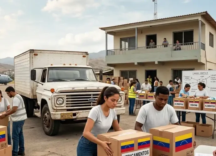 Voluntarios en Venezuela organizando cajas de ayuda humanitaria y medicamentos con la bandera nacional tras una emergencia sísmica.