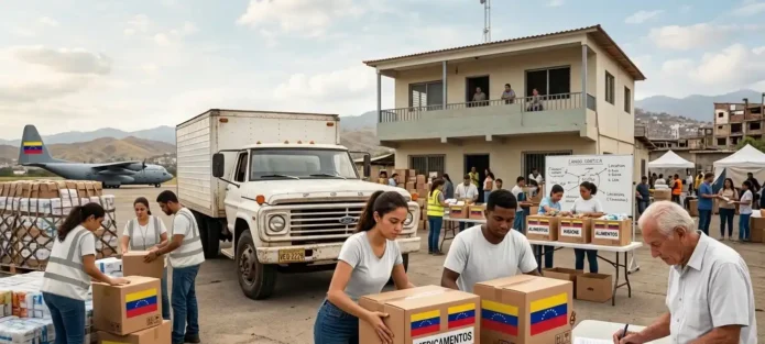 Voluntarios en Venezuela organizando cajas de ayuda humanitaria y medicamentos con la bandera nacional tras una emergencia sísmica.