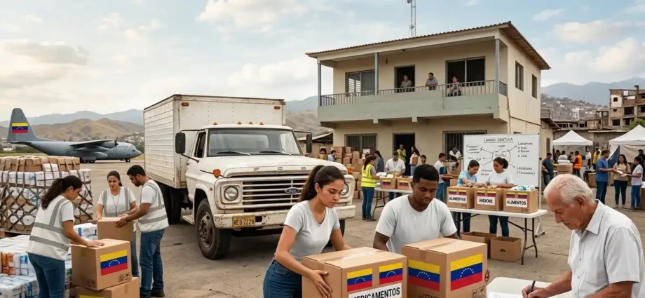 Voluntarios en Venezuela organizando cajas de ayuda humanitaria y medicamentos con la bandera nacional tras una emergencia sísmica.