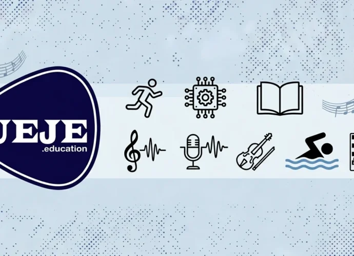 Logo de la Unidad Educativa Johnny Escobar (UEJE) con iconos de actividades académicas, deportivas y musicales para el año escolar 2026-2027.