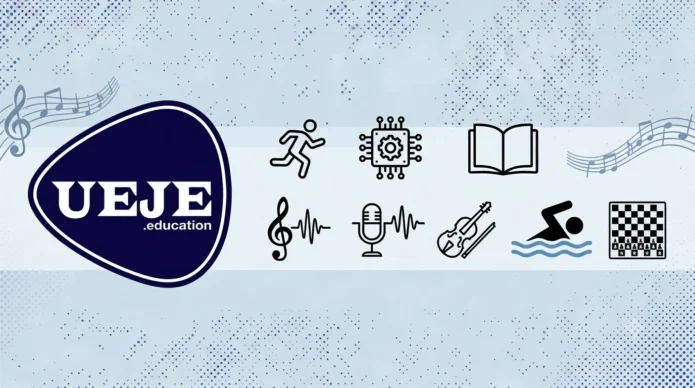 Logo de la Unidad Educativa Johnny Escobar (UEJE) con iconos de actividades académicas, deportivas y musicales para el año escolar 2026-2027.