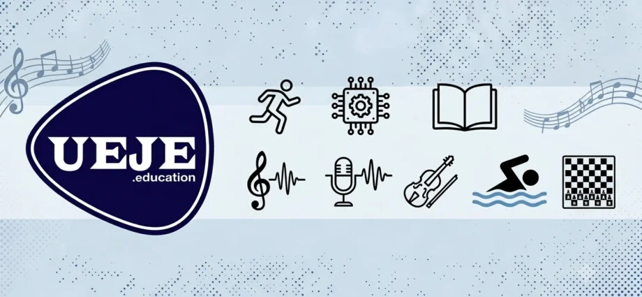 Logo de la Unidad Educativa Johnny Escobar (UEJE) con iconos de actividades académicas, deportivas y musicales para el año escolar 2026-2027.