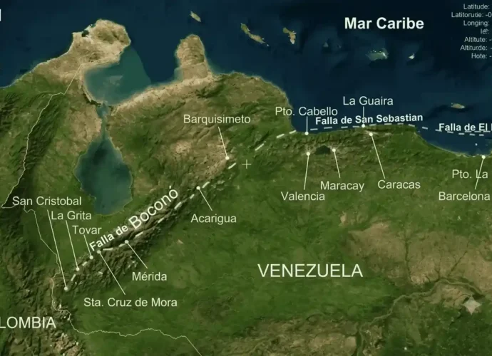 Mapa satelital de Venezuela de FUNVISIS que muestra los tres principales sistemas de fallas sismogénicas activas del país: Falla de Boconó en la región andina, Falla de San Sebastián en la costa central y Falla de El Pilar en el oriente.