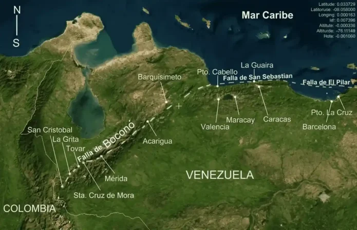 Mapa satelital de Venezuela de FUNVISIS que muestra los tres principales sistemas de fallas sismogénicas activas del país: Falla de Boconó en la región andina, Falla de San Sebastián en la costa central y Falla de El Pilar en el oriente.