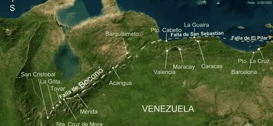Mapa satelital de Venezuela de FUNVISIS que muestra los tres principales sistemas de fallas sismogénicas activas del país: Falla de Boconó en la región andina, Falla de San Sebastián en la costa central y Falla de El Pilar en el oriente.