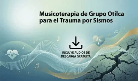 Infografía de musicoterapia del Grupo Otilca para el manejo del trauma por sismos, mostrando ondas sonoras abstractas cruzando un terreno con grietas tectónicas.