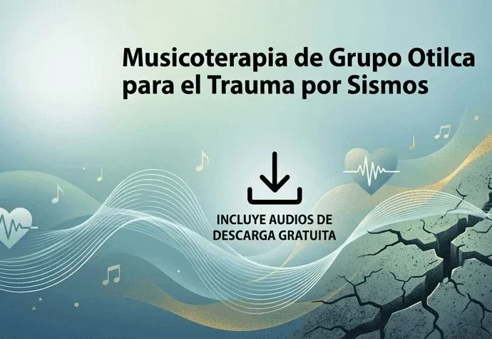 Infografía de musicoterapia del Grupo Otilca para el manejo del trauma por sismos, mostrando ondas sonoras abstractas cruzando un terreno con grietas tectónicas.