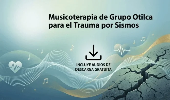 Infografía de musicoterapia del Grupo Otilca para el manejo del trauma por sismos, mostrando ondas sonoras abstractas cruzando un terreno con grietas tectónicas.