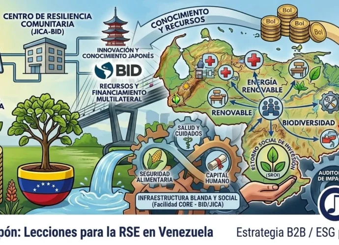 Infografía sobre la alianza BID-Japón y su aplicación en la RSE, resiliencia social e inversión de impacto en Venezuela por Otilca Radio.