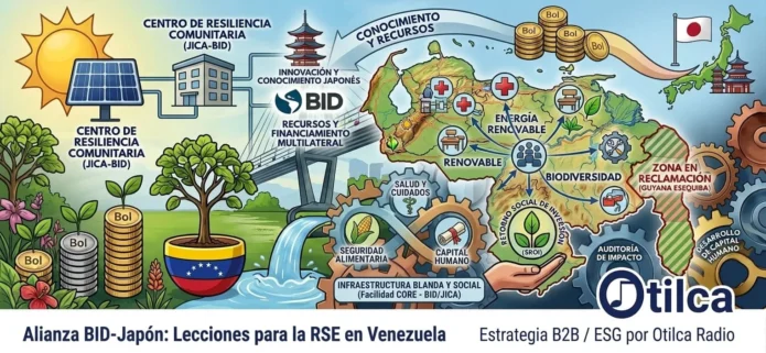 Infografía sobre la alianza BID-Japón y su aplicación en la RSE, resiliencia social e inversión de impacto en Venezuela por Otilca Radio.