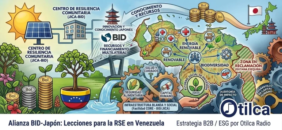 Infografía sobre la alianza BID-Japón y su aplicación en la RSE, resiliencia social e inversión de impacto en Venezuela por Otilca Radio.
