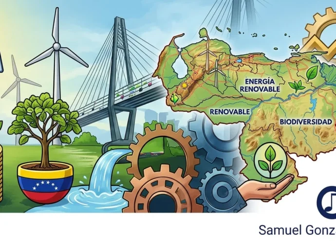 Ilustración compleja que muestra el desarrollo sostenible en Venezuela. Incluye un mapa de Venezuela con etiquetas de energía renovable y biodiversidad, paneles solares, turbinas eólicas, monedas de bolívares creciendo como plantas, un río con agua fluyendo hacia engranajes industriales, y un gráfico de barras ascendente. Una sección del mapa está marcada como Zona en Reclamación (Guyana Esequiba). El logo de Otilca y el nombre Samuel González Castrillo están en la parte inferior.
