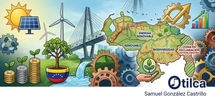 Ilustración compleja que muestra el desarrollo sostenible en Venezuela. Incluye un mapa de Venezuela con etiquetas de energía renovable y biodiversidad, paneles solares, turbinas eólicas, monedas de bolívares creciendo como plantas, un río con agua fluyendo hacia engranajes industriales, y un gráfico de barras ascendente. Una sección del mapa está marcada como Zona en Reclamación (Guyana Esequiba). El logo de Otilca y el nombre Samuel González Castrillo están en la parte inferior.