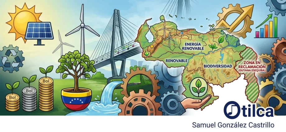 Ilustración compleja que muestra el desarrollo sostenible en Venezuela. Incluye un mapa de Venezuela con etiquetas de energía renovable y biodiversidad, paneles solares, turbinas eólicas, monedas de bolívares creciendo como plantas, un río con agua fluyendo hacia engranajes industriales, y un gráfico de barras ascendente. Una sección del mapa está marcada como Zona en Reclamación (Guyana Esequiba). El logo de Otilca y el nombre Samuel González Castrillo están en la parte inferior.