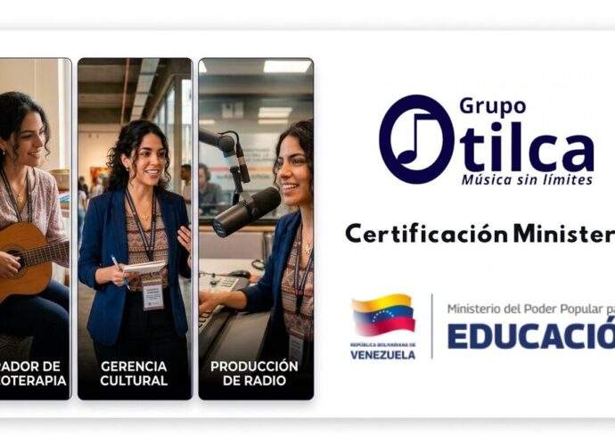 Triptych showing Otilca's certified technical formation: Musicotherapy, Cultural Management, and Radio Production, with official Ministry and Grupo Otilca logos.