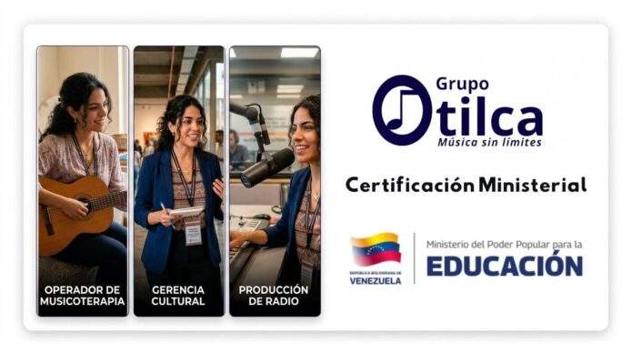 Triptych showing Otilca's certified technical formation: Musicotherapy, Cultural Management, and Radio Production, with official Ministry and Grupo Otilca logos.