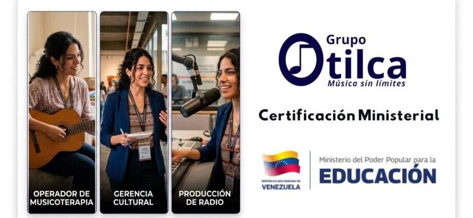 Triptych showing Otilca's certified technical formation: Musicotherapy, Cultural Management, and Radio Production, with official Ministry and Grupo Otilca logos.