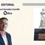 Encabezado editorial de Samuel González Castrillo y la marca Otilca, junto a la estatua de mármol de la heroína Luisa Cáceres de Arismendi.