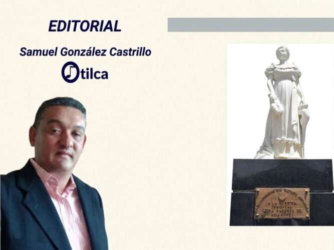 Encabezado editorial de Samuel González Castrillo y la marca Otilca, junto a la estatua de mármol de la heroína Luisa Cáceres de Arismendi.