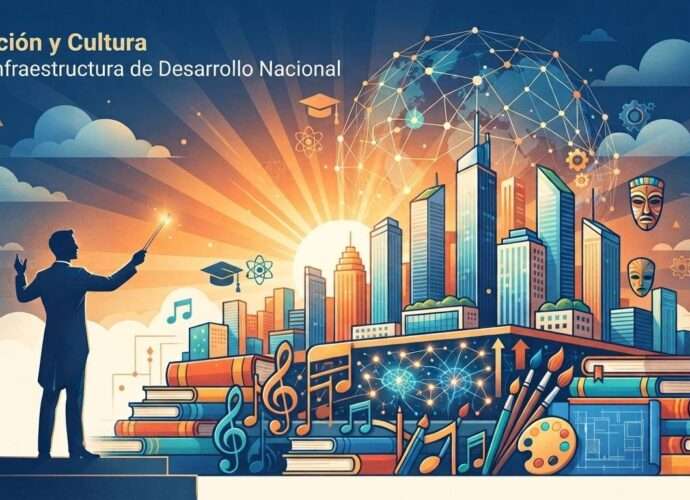 Infografía conceptual donde una silueta de director de orquesta dirige una ciudad que surge de una base de libros, notas musicales, arte y tecnología, simbolizando la educación y la cultura como pilares del desarrollo nacional.