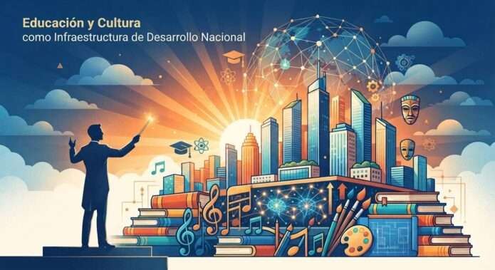 Infografía conceptual donde una silueta de director de orquesta dirige una ciudad que surge de una base de libros, notas musicales, arte y tecnología, simbolizando la educación y la cultura como pilares del desarrollo nacional.