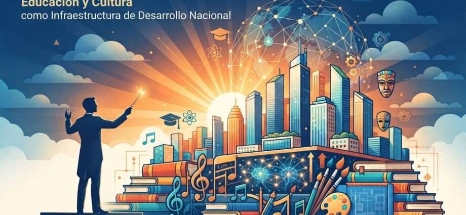 Infografía conceptual donde una silueta de director de orquesta dirige una ciudad que surge de una base de libros, notas musicales, arte y tecnología, simbolizando la educación y la cultura como pilares del desarrollo nacional.